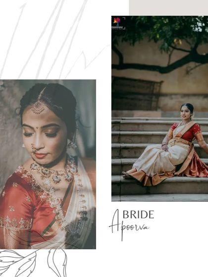 A collage of a beautiful Brahmin bride in her traditional wedding saree. The play of light and shadow adds a touch of artistry to these elegant portraits.