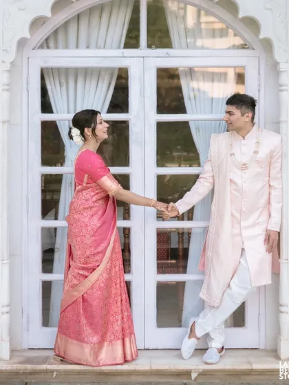 This shot looks like it's straight out of a magazine. The couple's outfits and my draping work together to create a picture of regal charm.