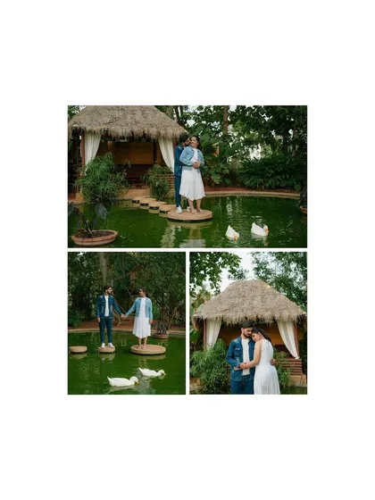 A collage showcasing the beautiful resort location, with its thatched-roof hut and pond. It captures the couple holding hands and sharing a romantic moment in this idyllic setting.