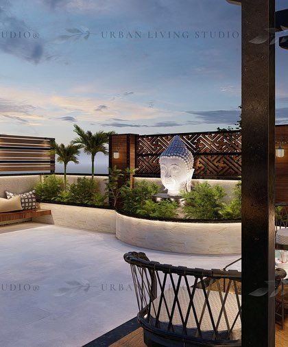 This render highlights the layered design of the Punjabi Bagh terrace, with planters, seating nooks, and a hanging chair all contributing to a rich, textured landscape.