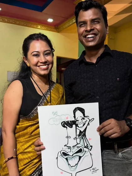 Capturing the shared laughter of a couple is what it's all about. This caricature is a snapshot of their happy moment together.