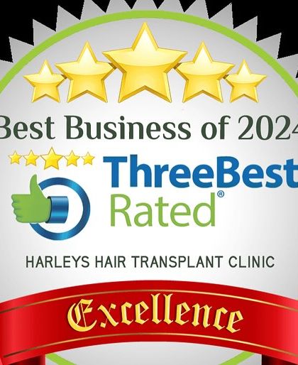 The badge of excellence from ThreeBestRated, recognizing Harleys Hair Transplant Clinic as a Best Business of 2024. We are grateful for the positive feedback from our patients.