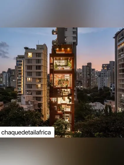As evening descends on the city, the Sarvasva tower's integrated gardens are illuminated. This creates a warm, inviting presence and showcases the seamless blend of architecture and nature that defines our work.
