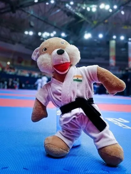 Our mascot, dressed in a karate gi, on the competition mat. It adds a friendly and welcoming touch to our high-stakes national tournaments.