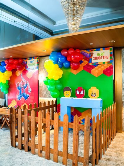 A LEGO-themed "Nerf Shooting" gallery with character heads as targets.