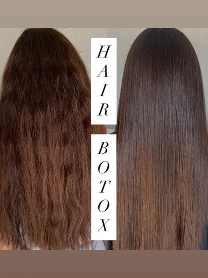 Here is the proof of what my Hair Botox treatment can do. On the left, you see hair that is frizzy and damaged. On the right, the same hair is smooth, straight, and full of life after just one session. This is my go-to solution for frizz control.