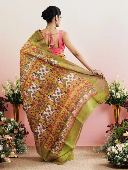 The back view of the Pichwai saree, showing the full expanse of the beautiful printed pallu.