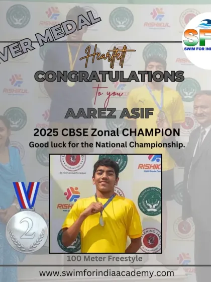 Aarez Asif proudly displays his silver medal for the 100-meter freestyle at the 2025 CBSE Zonal Championship. A fantastic swim against tough competition.