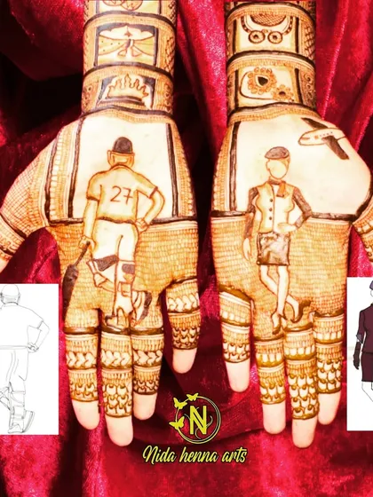 Your mehandi should be about you. For this bride, an air hostess, and her groom, a professional cricketer, I created custom figures that represent their professions. I can personalize your design to reflect your unique story.