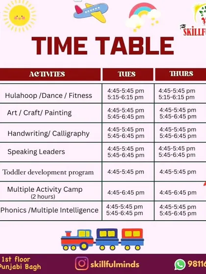 The schedule for our West Punjabi Bagh center, with timings for various classes held on Tuesdays and Thursdays.