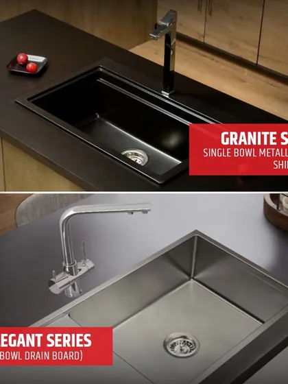 Here you can see my Granite Series single bowl in a metallic finish shiny black, alongside the SS Elegant Series single bowl with a drain board.