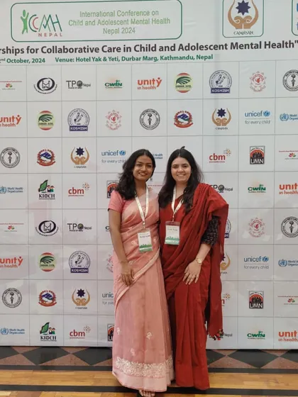 Our senior psychologists, Soumya Jagatdeb and Thwisha Bajpai, at the ICCAMH 2024 conference. They presented our framework for training psychologists and teachers in Delhi Government School Health Clinics, highlighting schools as hubs for social change.