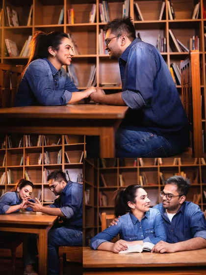 Lost in their own world, sharing a book and a quiet moment. This shot from their pre-wedding session highlights the simple, everyday intimacy that builds a strong relationship.