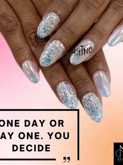 This set is all about sparkle and shine. It features a pearlescent base with chunky, iridescent blue and silver glitter and a custom word art accent.