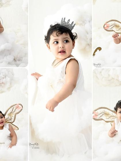 A collection of angelic poses from a dreamy cloud-themed photoshoot. Each image showcases a different facet of her sweet personality.