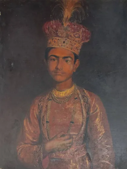 An alternate view of the 'Young Nawab' portrait, showing the texture of the aged canvas. Our work respects this patina of time while ensuring the structural integrity of the artwork.
