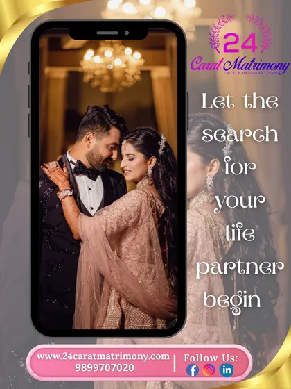 Let the search for your life partner begin. This image, showing a happy couple on a phone screen, represents how we make finding love accessible and seamless, even from across the globe.