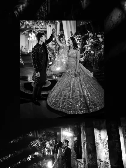 A black and white collage from the Mehendi night, capturing the couple dancing and sharing intimate moments.