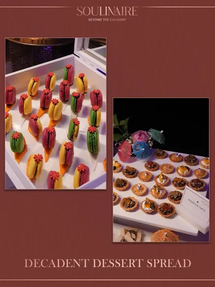 A decadent dessert spread featuring cactus-themed macarons and assorted tarts. Our pastry team brings creativity and whimsy to every sweet creation.