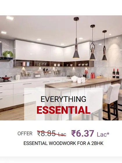 We offer complete home interior packages that provide exceptional value. This is an example of our essential woodwork package for a 2BHK, covering everything from the modular kitchen and wardrobes to the TV unit and dining set, all using quality materials at a transparent, guaranteed price.