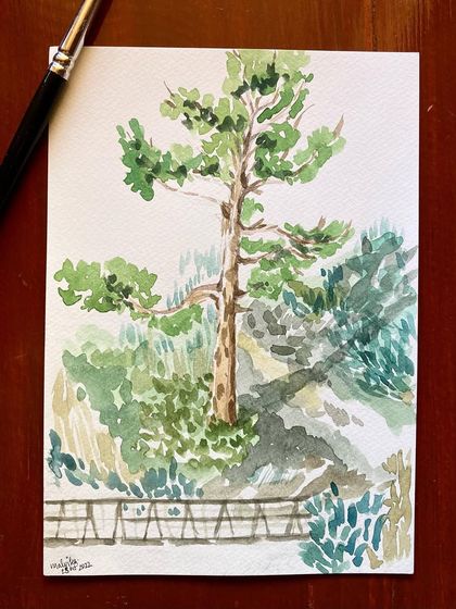A simple watercolor study of a pine tree and a wooden bridge in Tirthan Valley. It’s these small, everyday scenes from my travels that I love to document in my sketchbook.