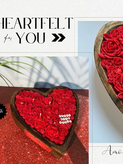 A new addition to my Valentine's collection. This heart-shaped candle is filled with delicate red roses and is set in a wooden bowl, a heartfelt gift for your special someone.