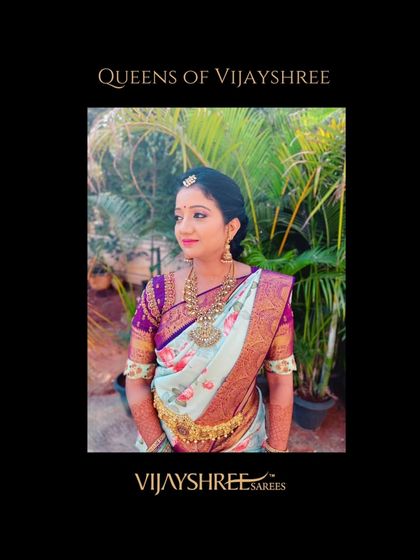 Here, Manasa wears a pastel floral Kanjivaram, a modern and refreshing choice from our curated collection.