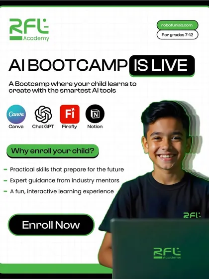 Our AI Bootcamp is live. This poster details why you should enroll your child, emphasizing practical skills, expert guidance, and a fun, interactive learning experience.