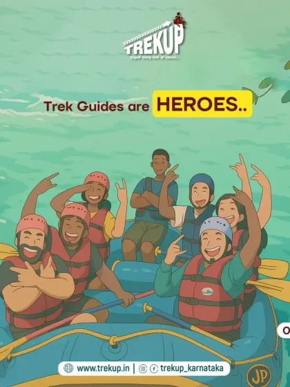 An illustration showing a happy group rafting, with the caption "Trek Guides are HEROES."
