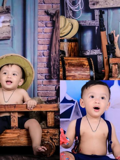 A collage showing a baby in a cowboy theme and a cake smash setup, perfect for a first birthday.