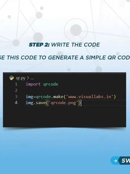 Step 2 of the QR code tutorial: Writing the code. Just a few lines of Python are needed to import the library and generate an image from your desired link.