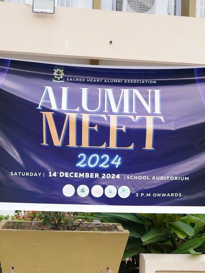 The banner for the 2024 Alumni Meet at Sacred Hearts School, a homecoming for our founder, Amukta Mahapatra.