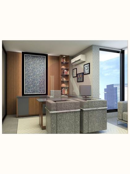 This image showcases a modern office space we designed, proving our expertise extends to commercial interiors. The design balances wood tones with cool greys for a professional yet inviting look.