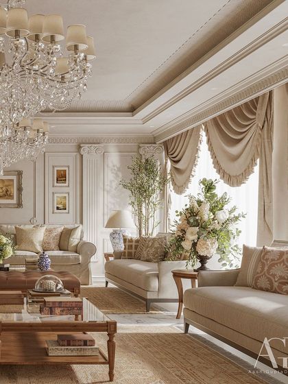The elegant swag curtains in this drawing room add a layer of softness and drama. This detail, combined with the classical furniture and ornate mouldings, contributes to the room's refined, Parisian-inspired aesthetic.