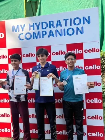The podium for the U-15 singles event at the SFA Championship, with our student Aarav Chettiar taking the silver medal.