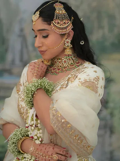 An elegant and regal look for Eid, featuring my floral kalire made with baby's breath and delicate red flowers. They add a soft, romantic touch to the stunning white and gold lehenga.