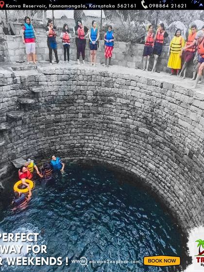 The perfect getaway for your weekend. A group of friends gets ready to jump into the well, a core part of the fun here at Triquetra.
