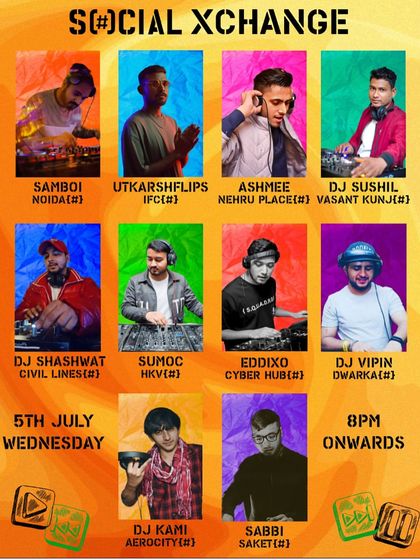 A lineup poster for a "Social Xchange" event featuring multiple DJs from different outlets. It was great to be part of this collective of artists.