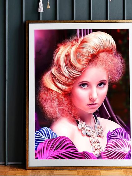 This shows the fantasy portrait from the previous image framed as a piece of art. It gives an idea of how my more colorful and stylized work can add a unique touch to a room.