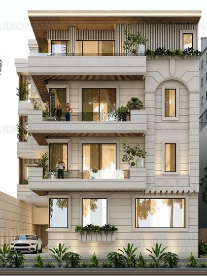 The front facade of the Kirti Nagar home, showing a balanced composition with classical window arches and simple, elegant balconies. The design is sophisticated and respects traditional architectural principles.