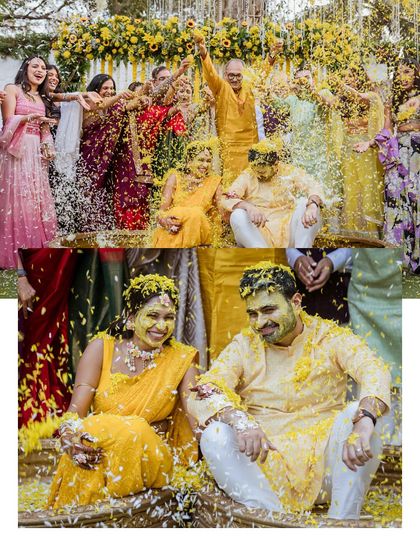 The moment the flower shower begins. Our Haldi setups are designed to be interactive and fun, creating the perfect backdrop for family and friends to bless the couple.