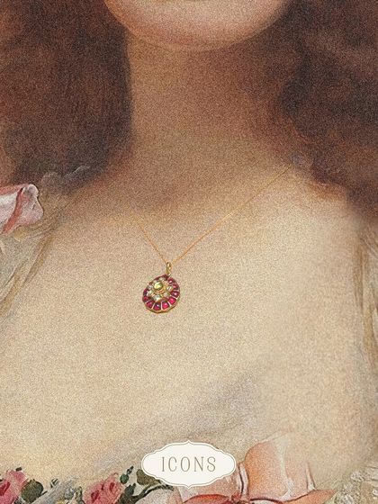 An artistic representation of the Crimson Pendant, showing how this small piece can add a beautiful touch of color and luxury to any look.