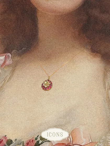 An artistic representation of the Crimson Pendant, showing how this small piece can add a beautiful touch of color and luxury to any look.