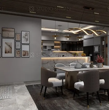 In this Sushant Lok home, the dining area is placed next to a serene pooja space, with an open-plan kitchen visible in the background.