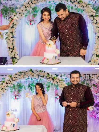 The cake-cutting ceremony, a sweet highlight of any engagement party. I capture both the formal cutting and the playful moments that follow.