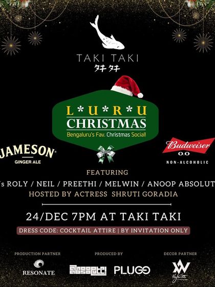 The official announcement for Luru Christmas '23 at Taki Taki. This poster highlights our partners and reinforces the "By Invitation Only" and "Cocktail Attire" rules that define the event's exclusive nature.