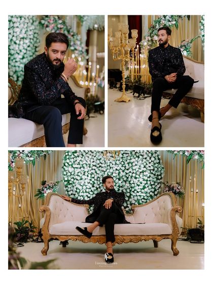A collage of the groom in a stylish black sherwani, posing on an elegant sofa at his reception.