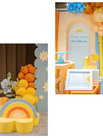 A collage of the 'First Trip Around the Sun' party, showing the rainbow prop and the 'First Trip' backdrop.