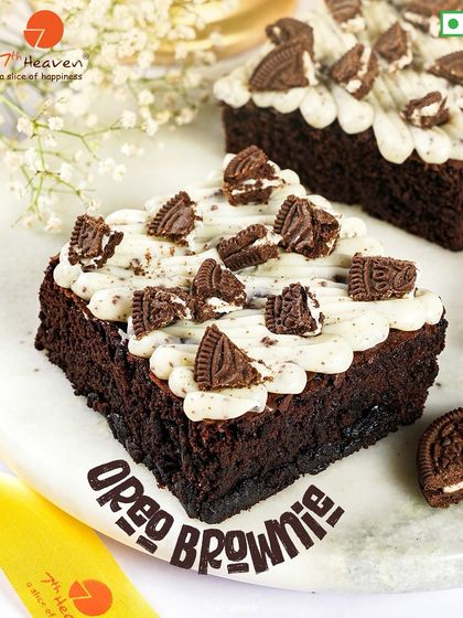 An indulgent Oreo Brownie. This fudgy brownie has a creamy cookies-and-cream frosting and is topped with crushed Oreo pieces.
