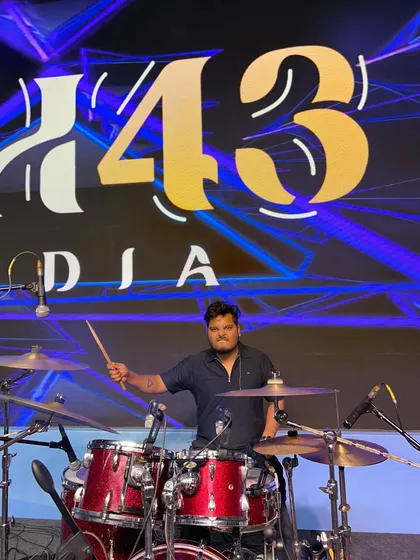 Our drummer, ready to kick off the show for Saraswat Bank. A solid rhythm section is key to getting people to dance.